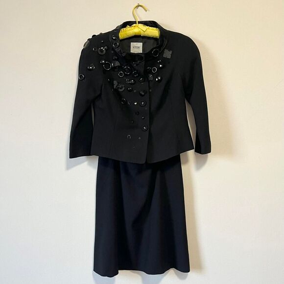 Moschino Cheap Chic Black Skirt Suit Retro Blazer Embellished Black Wool 10 / 12